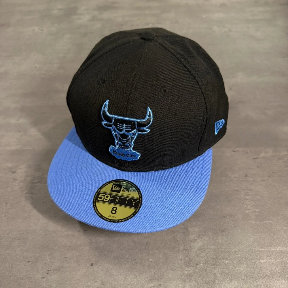 New Era Chicago Bulls Hat 8 Black Dark Powder Blue Windy City 59FIFTY Fitted Cap